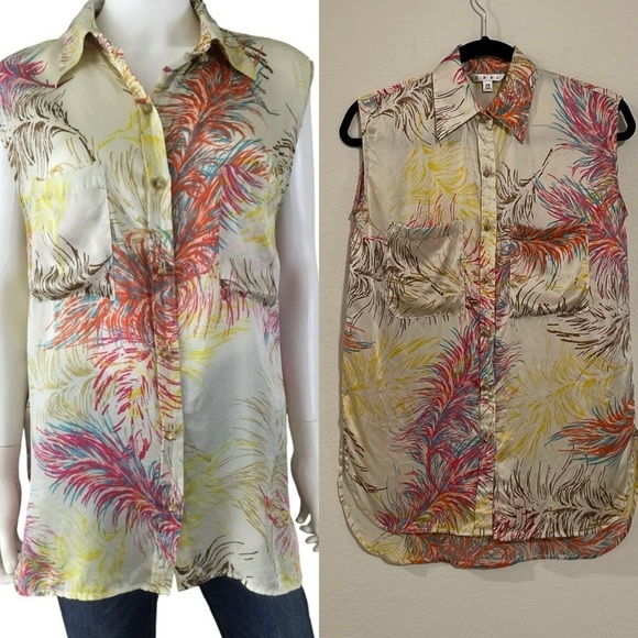 CAbi Tops - Cabi Women's 100% Silk Button Front Top XS Colorful Feather Print Sleeveless